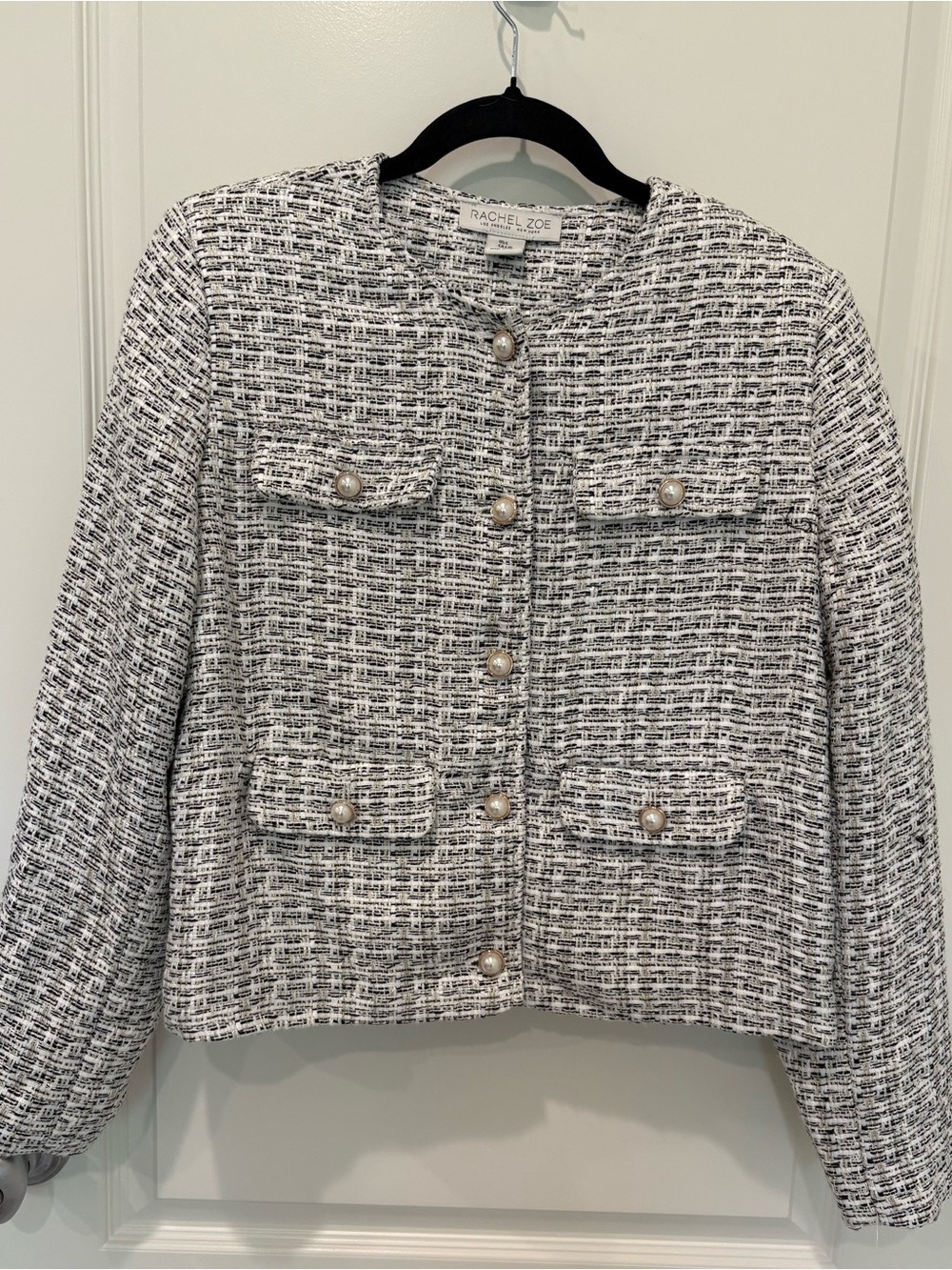 Rachel Zoe Black White Gold Metallic Tweed Pearl Button Lady Jacket - Size Large
